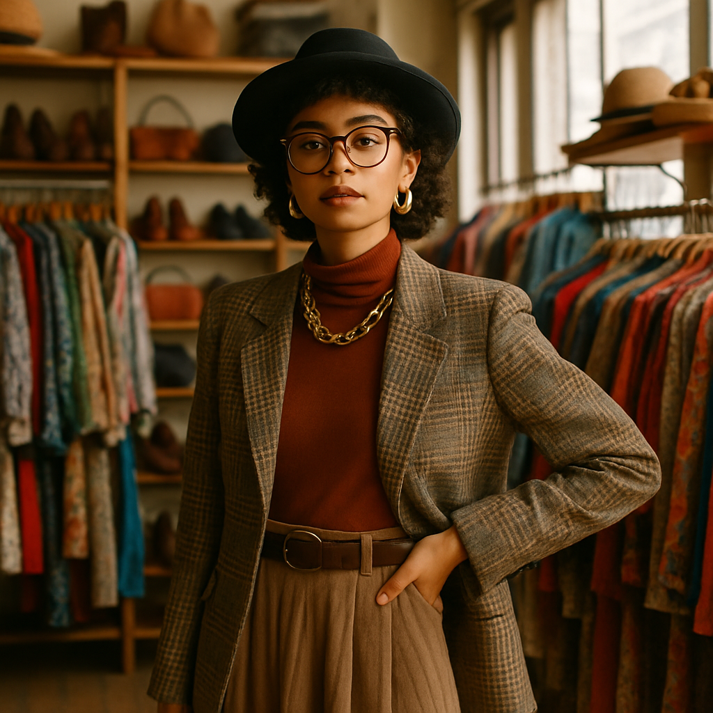 Vintage thrift fashion outfit with unique accessories